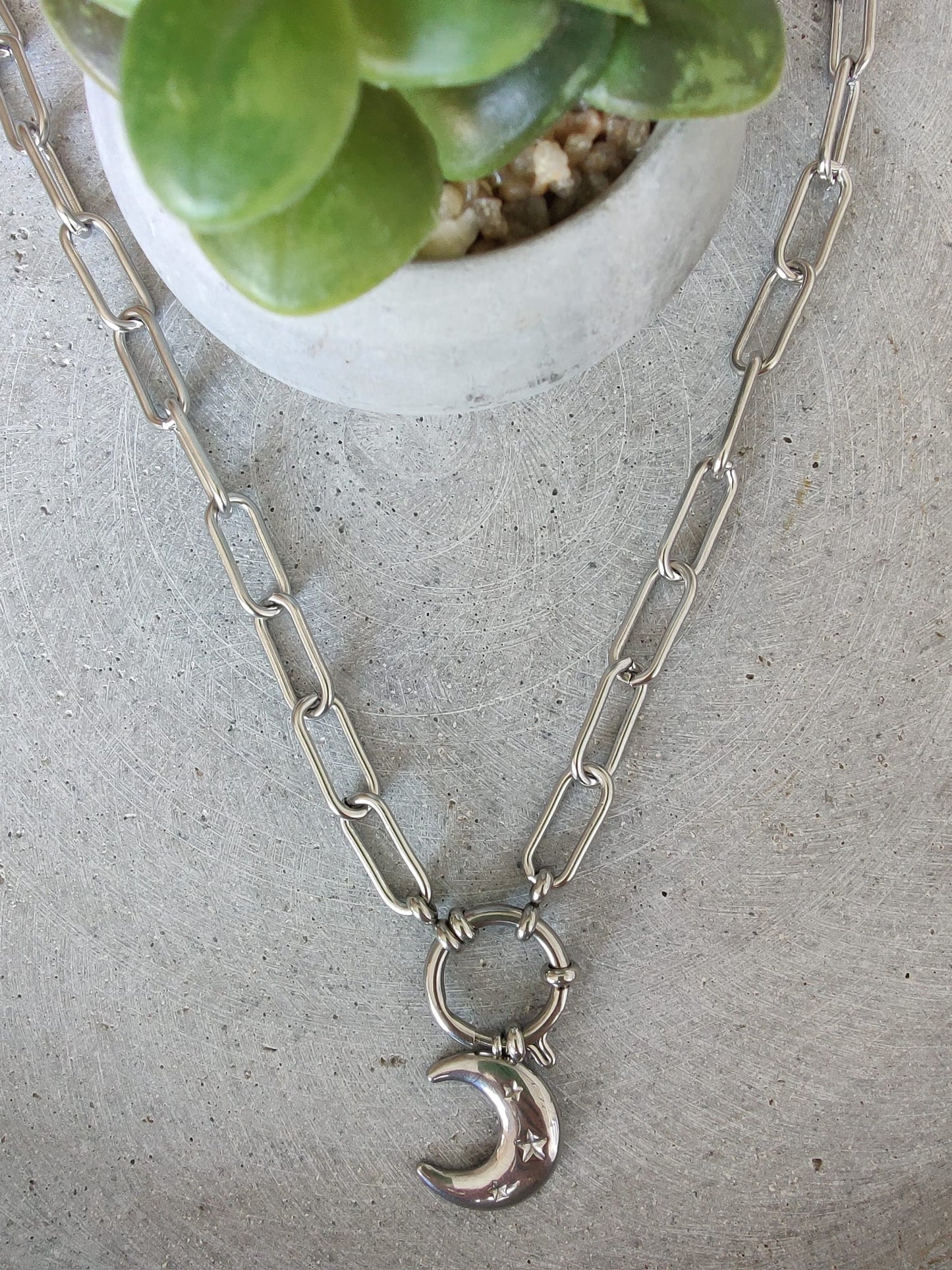 Paperclip Chain Stainless Steel Moon Charm Necklace