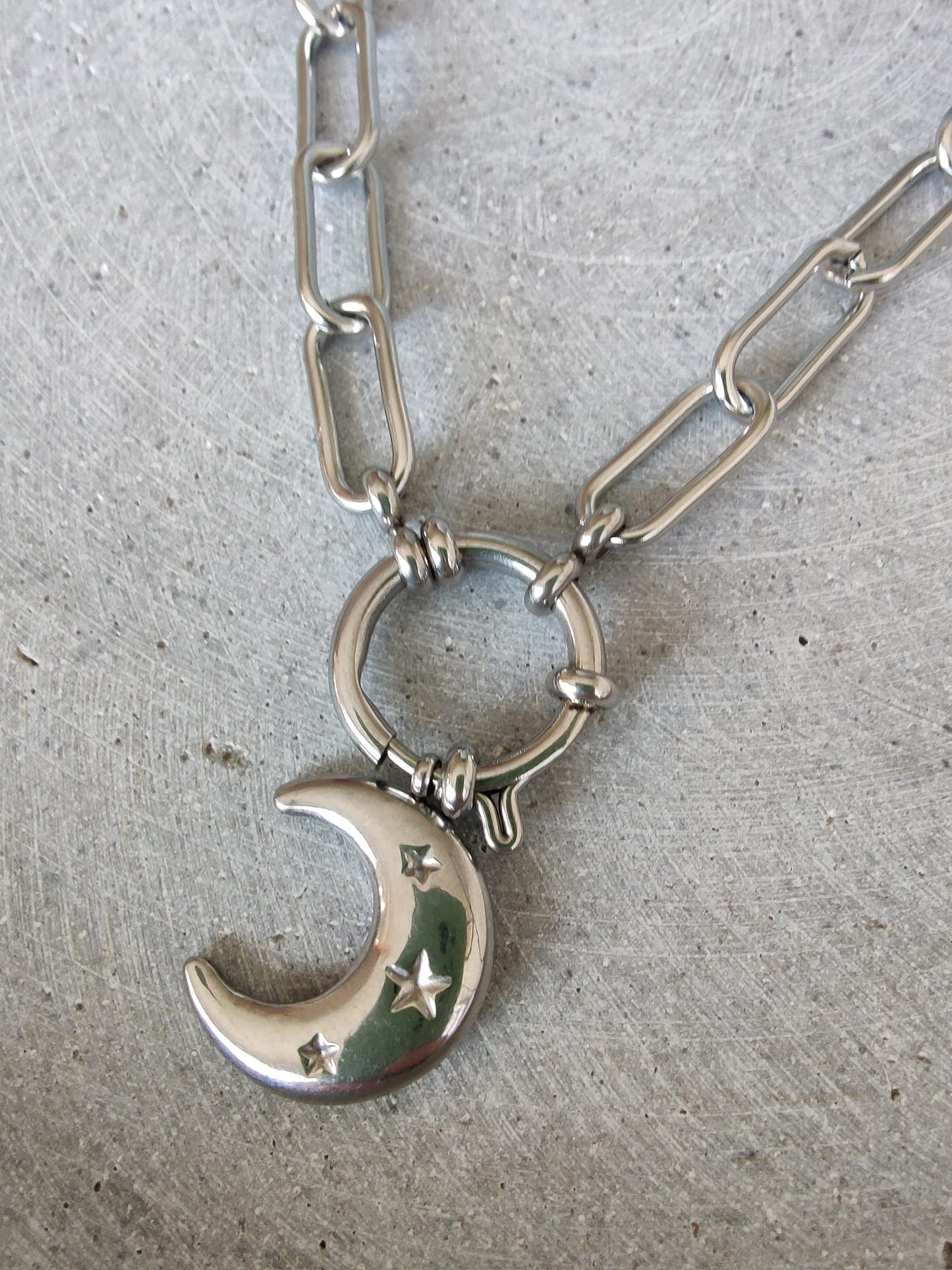 Paperclip Chain Stainless Steel Moon Charm Necklace