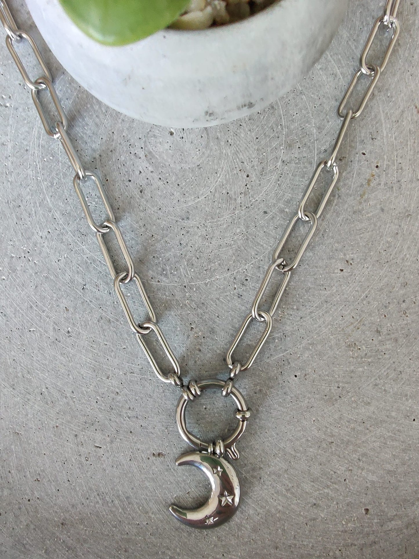 Paperclip Chain Stainless Steel Moon Charm Necklace