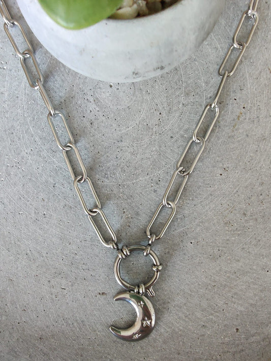 Paperclip Chain Stainless Steel Moon Charm Necklace