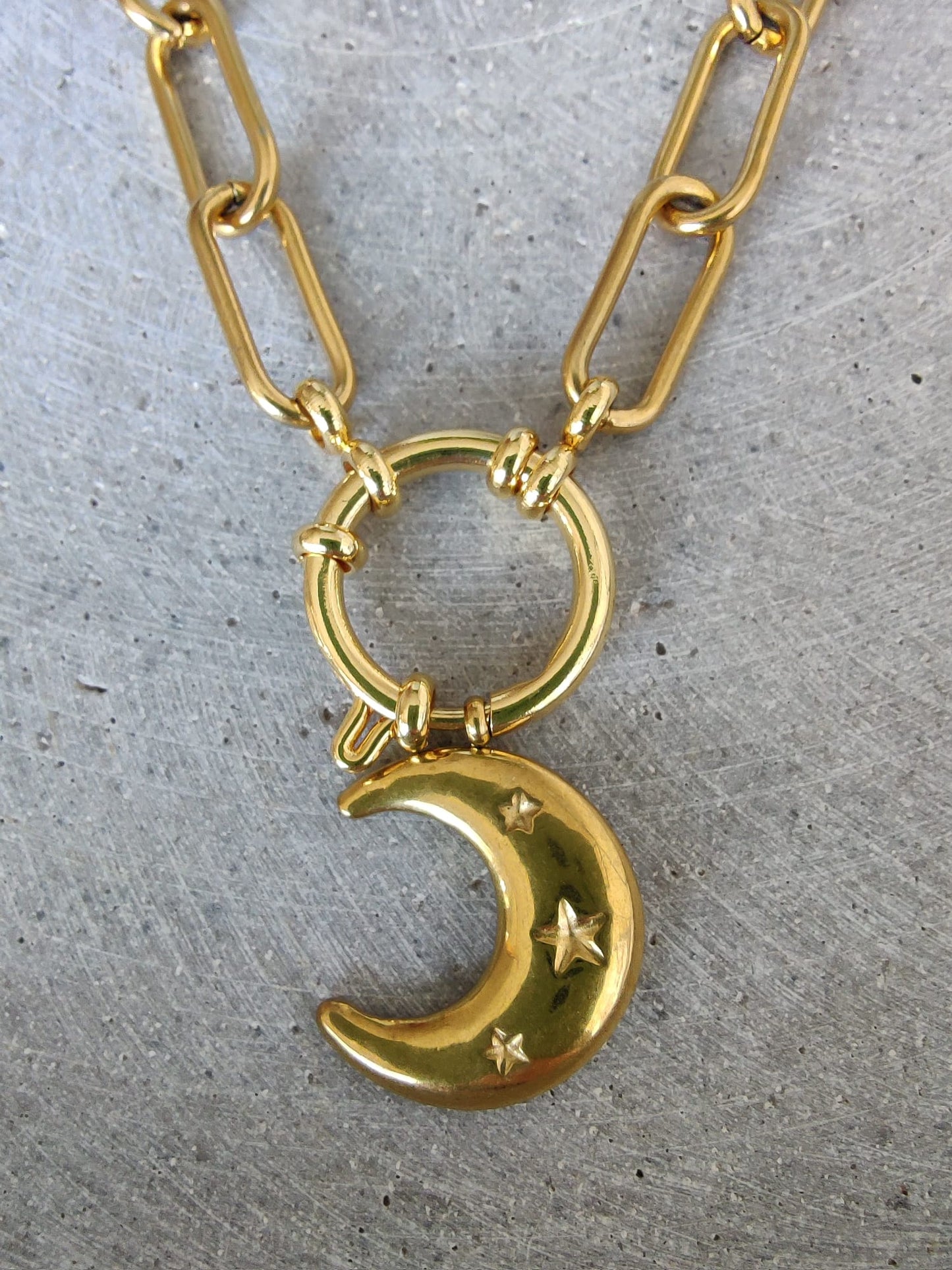 Paperclip Chain Gold Tone Stainless Steel Moon Charm Neklace