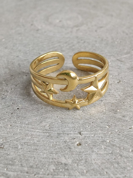 Moon & Star Gold Tone Stainless Steel Adjustable Ring