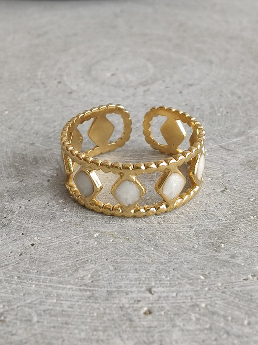 Gold Tone Stainless Steel & White Enamel Adjustable Ring