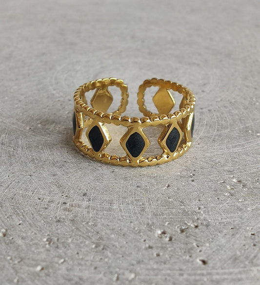 Gold Tone Stainless Steel & Black Enamel Adjustable Ring