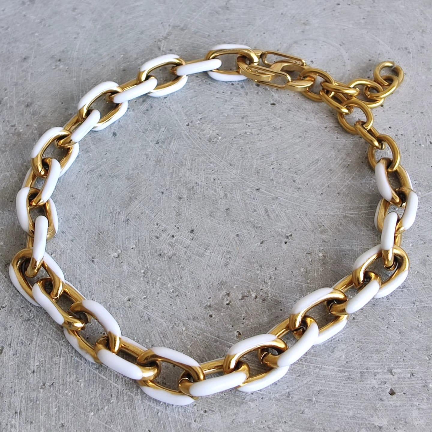 White Coloured Enamel Oval Link Stainless Steel necklace