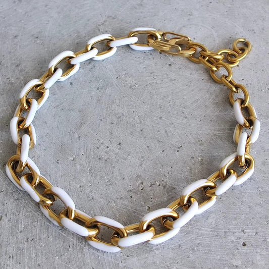 White Coloured Enamel Oval Link Stainless Steel Bracelet