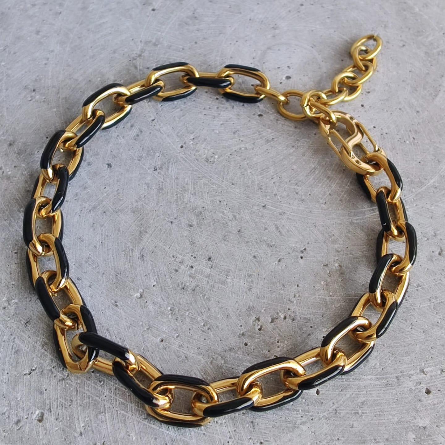 Black Coloured Enamel Oval Link Stainless Steel Necklace