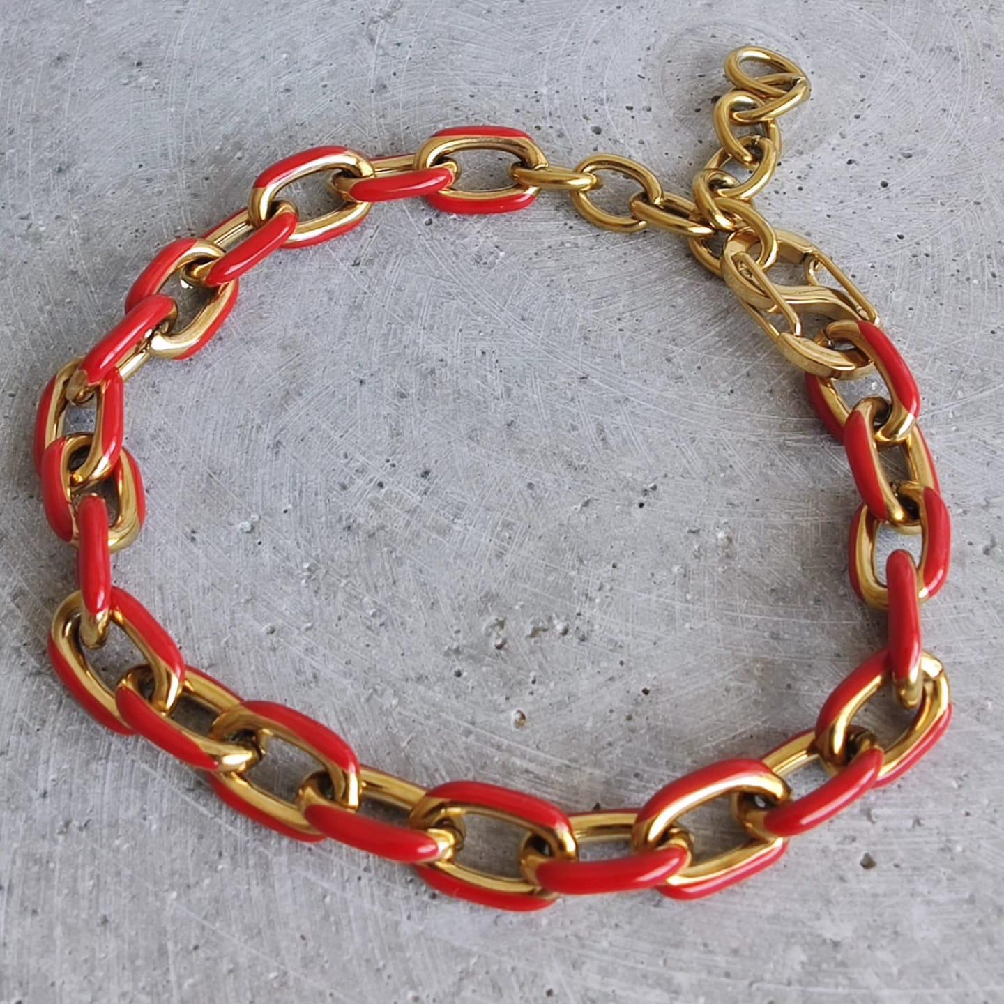 Red Coloured Enamel Oval Link Stainless Steel Bracelet