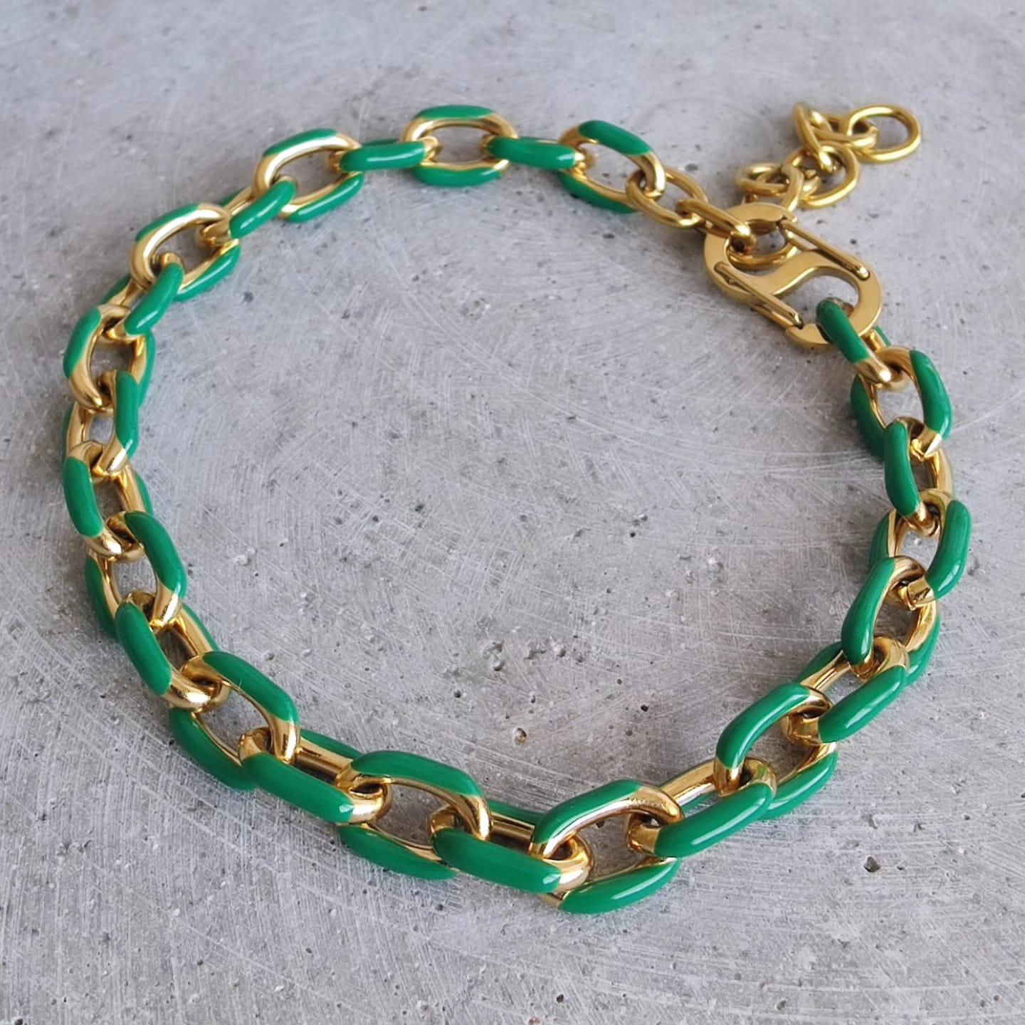 Green Coloured Enamel Oval Link Stainless Steel Bracelet