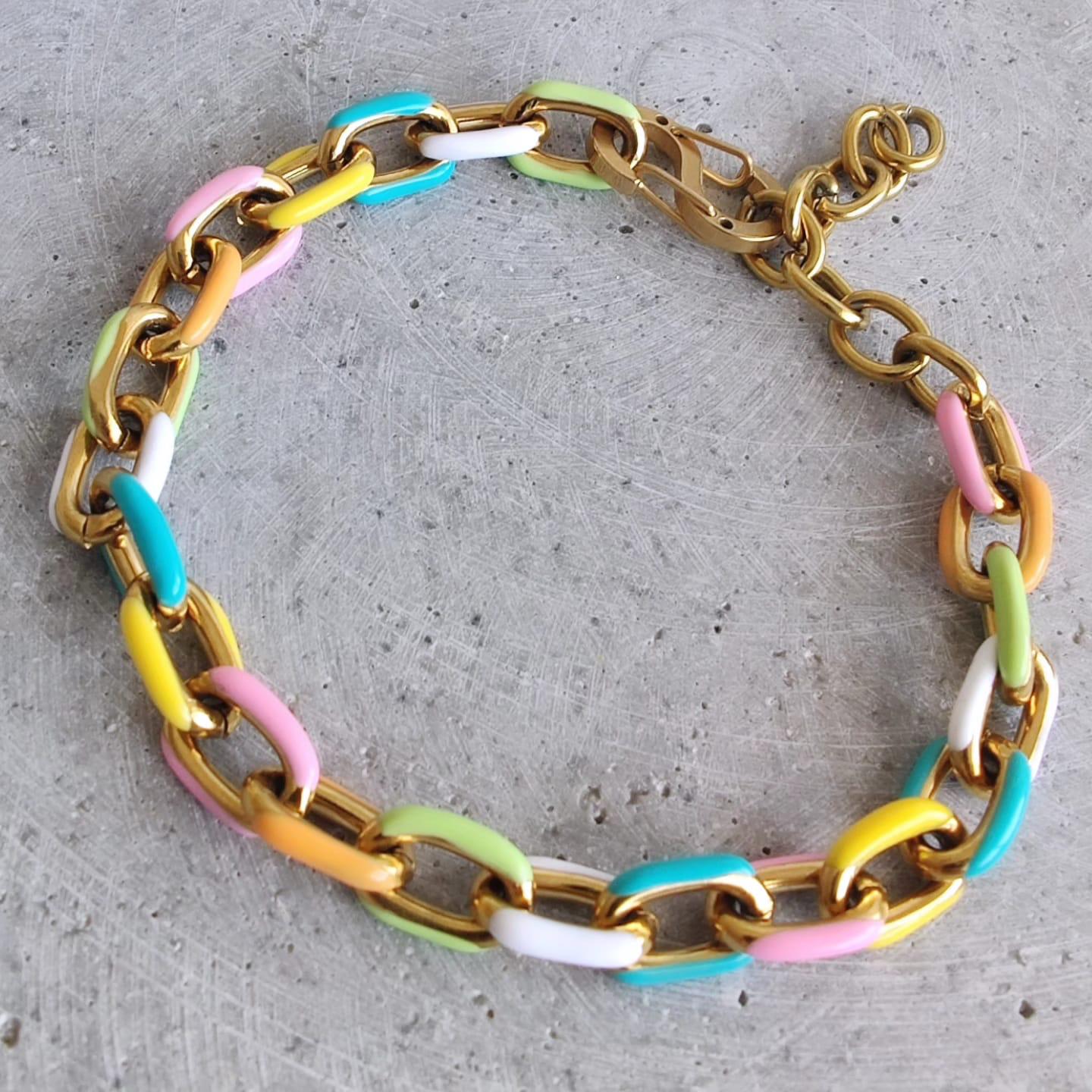 Pastel Multi Coloured Enamel Oval Link stainless steel Bracelet