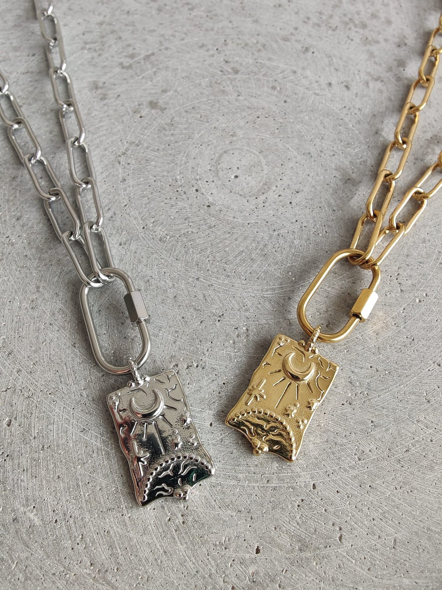 Large Moon and Sun Charm in Gold Tone on Stainless Steel Paperclip Chain Necklace
