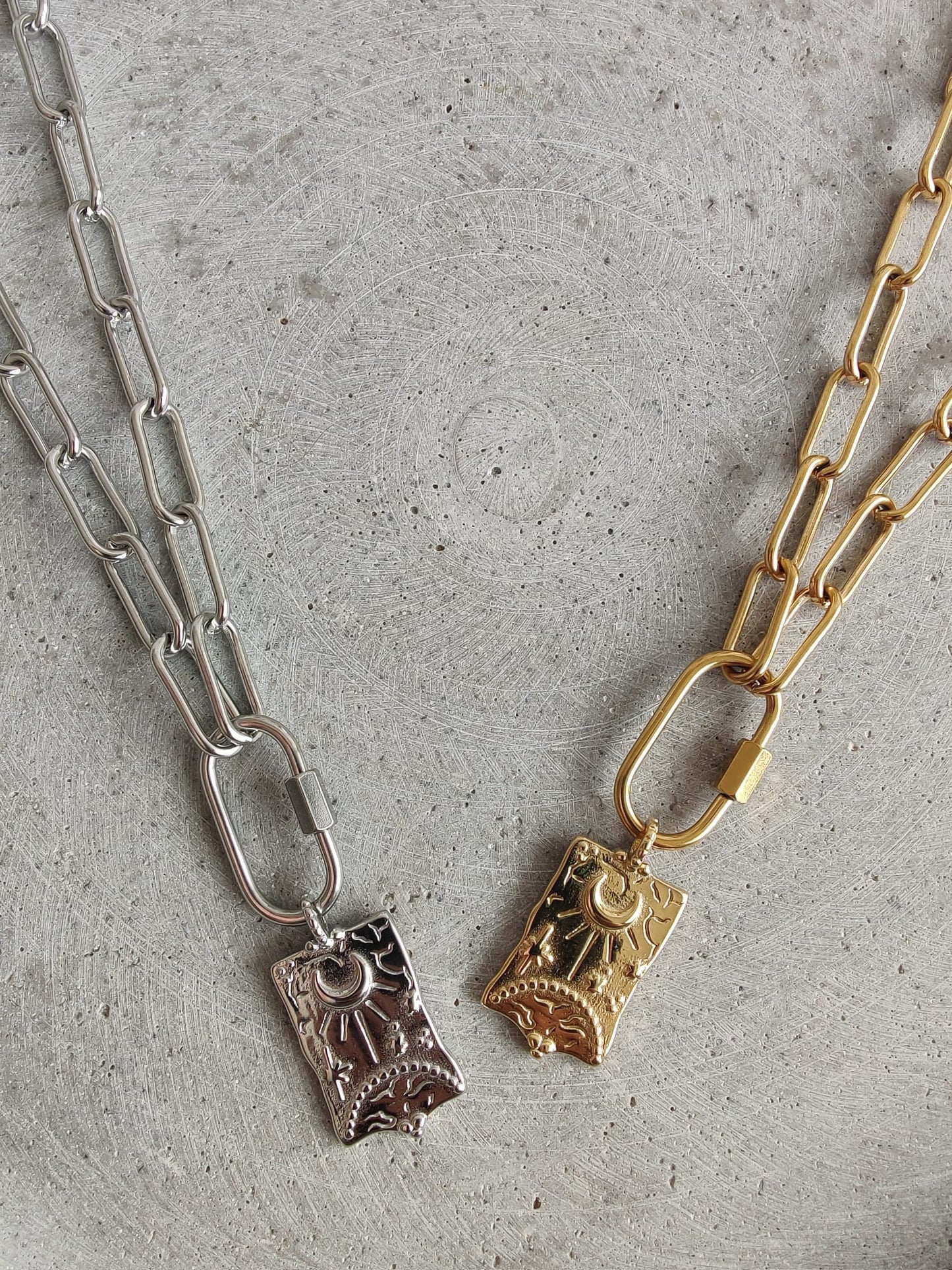 Large Moon and Sun Charm on Stainless Steel Paperclip Chain Necklace