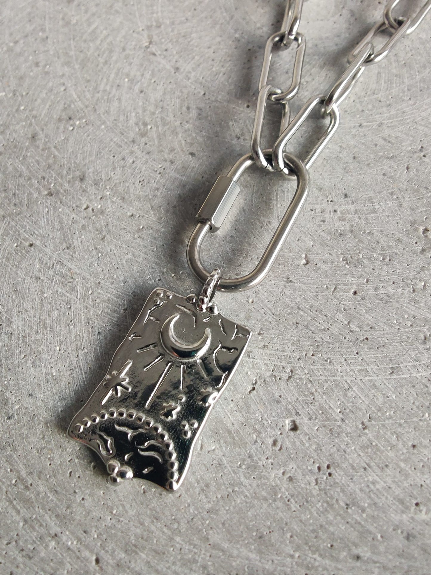 Large Moon and Sun Charm on Stainless Steel Paperclip Chain Necklace