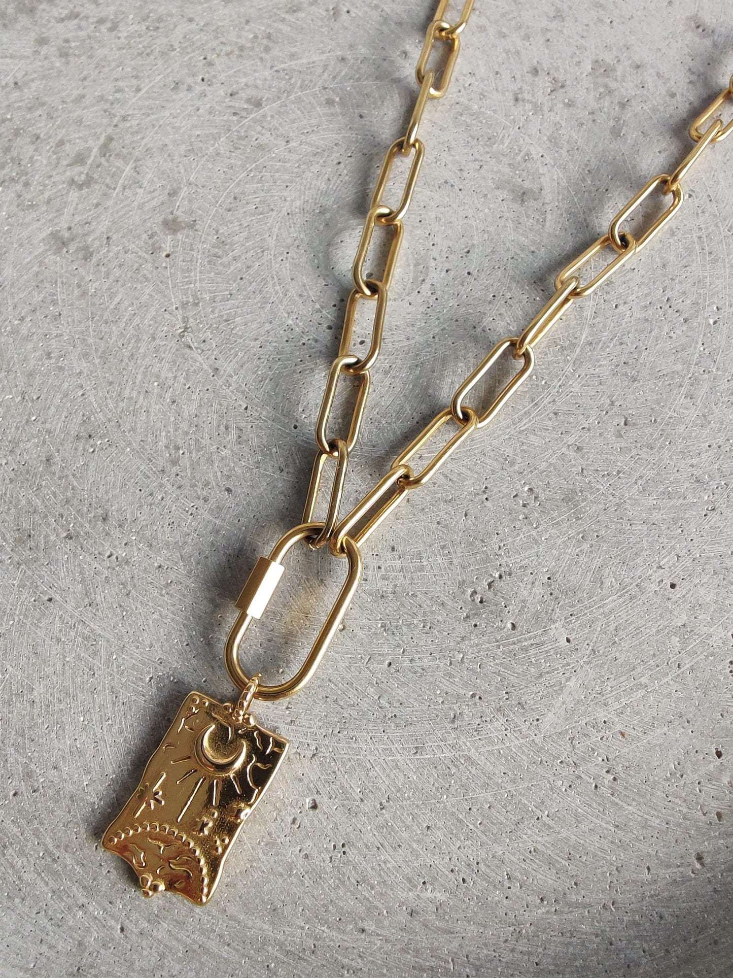 Large Moon and Sun Charm in Gold Tone on Stainless Steel Paperclip Chain Necklace