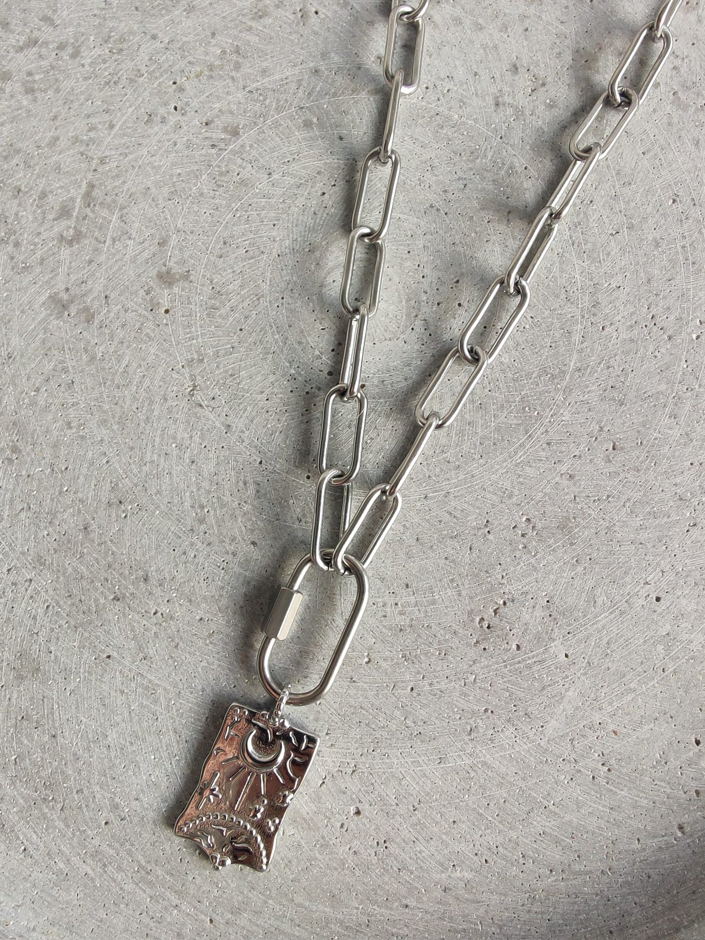 Large Moon and Sun Charm on Stainless Steel Paperclip Chain Necklace