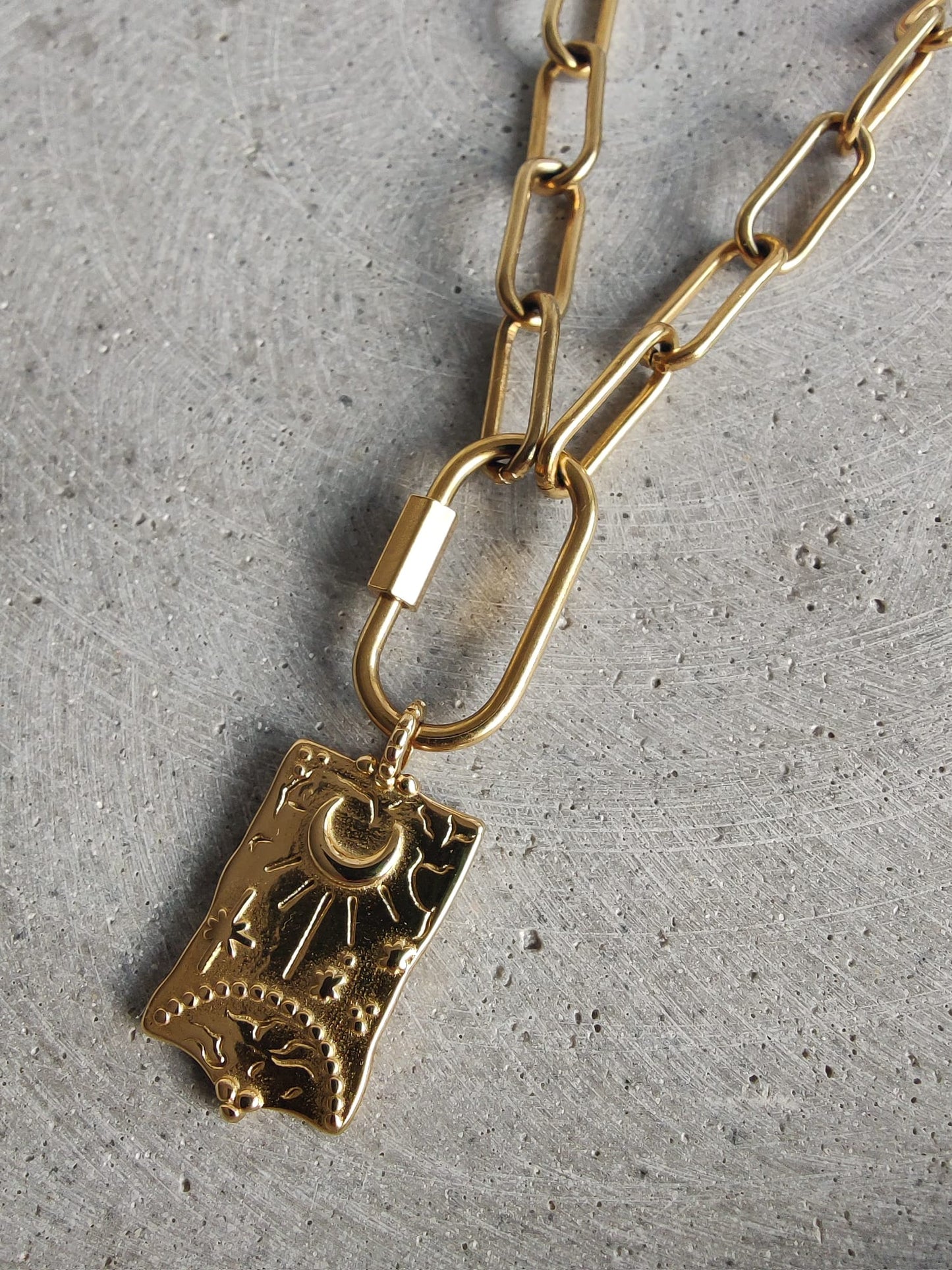 Large Moon and Sun Charm in Gold Tone on Stainless Steel Paperclip Chain Necklace