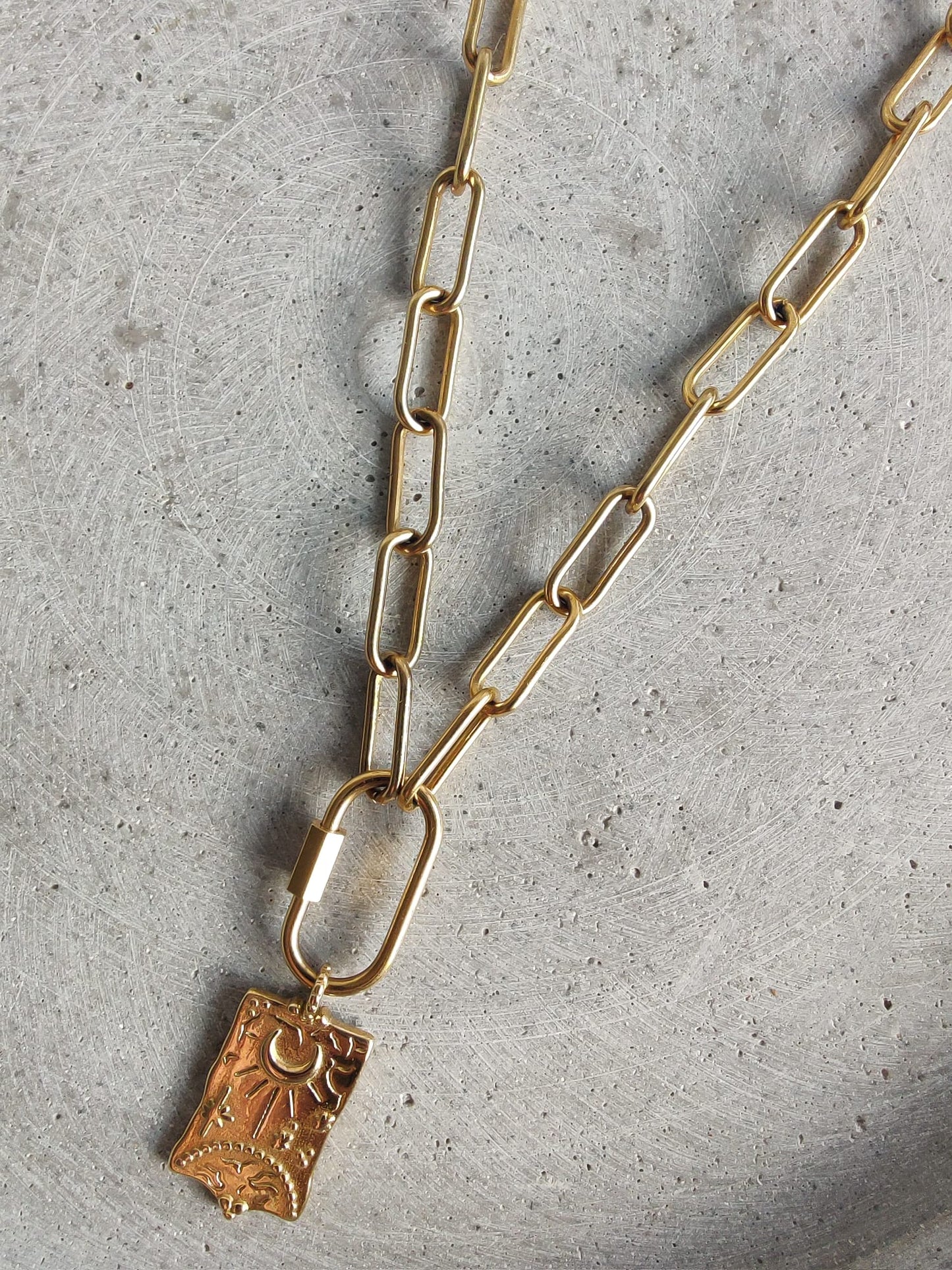 Large Moon and Sun Charm in Gold Tone on Stainless Steel Paperclip Chain Necklace