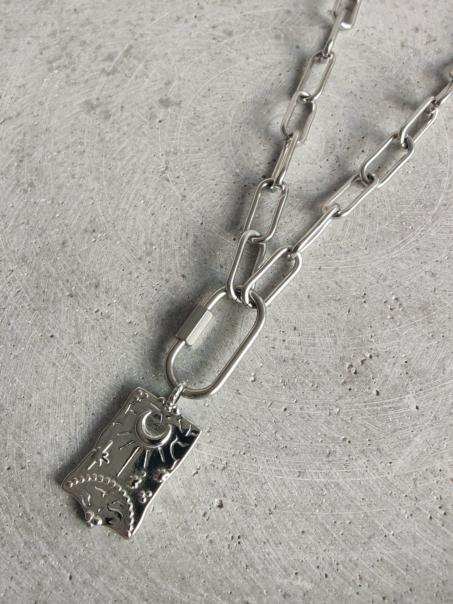 Large Moon and Sun Charm on Stainless Steel Paperclip Chain Necklace