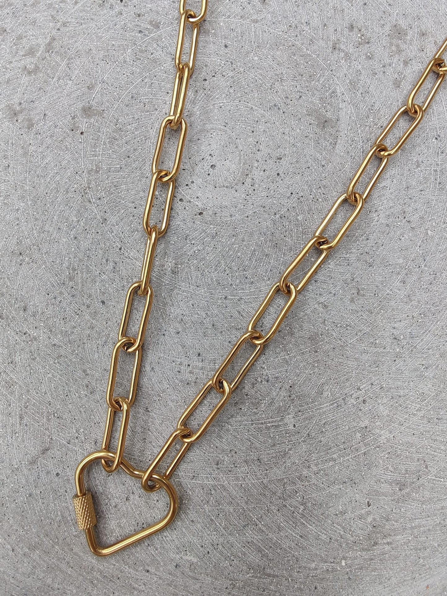 Heart Shaped Carabiner Clasp Gold Tone Stainless Steel Paperclip Necklace