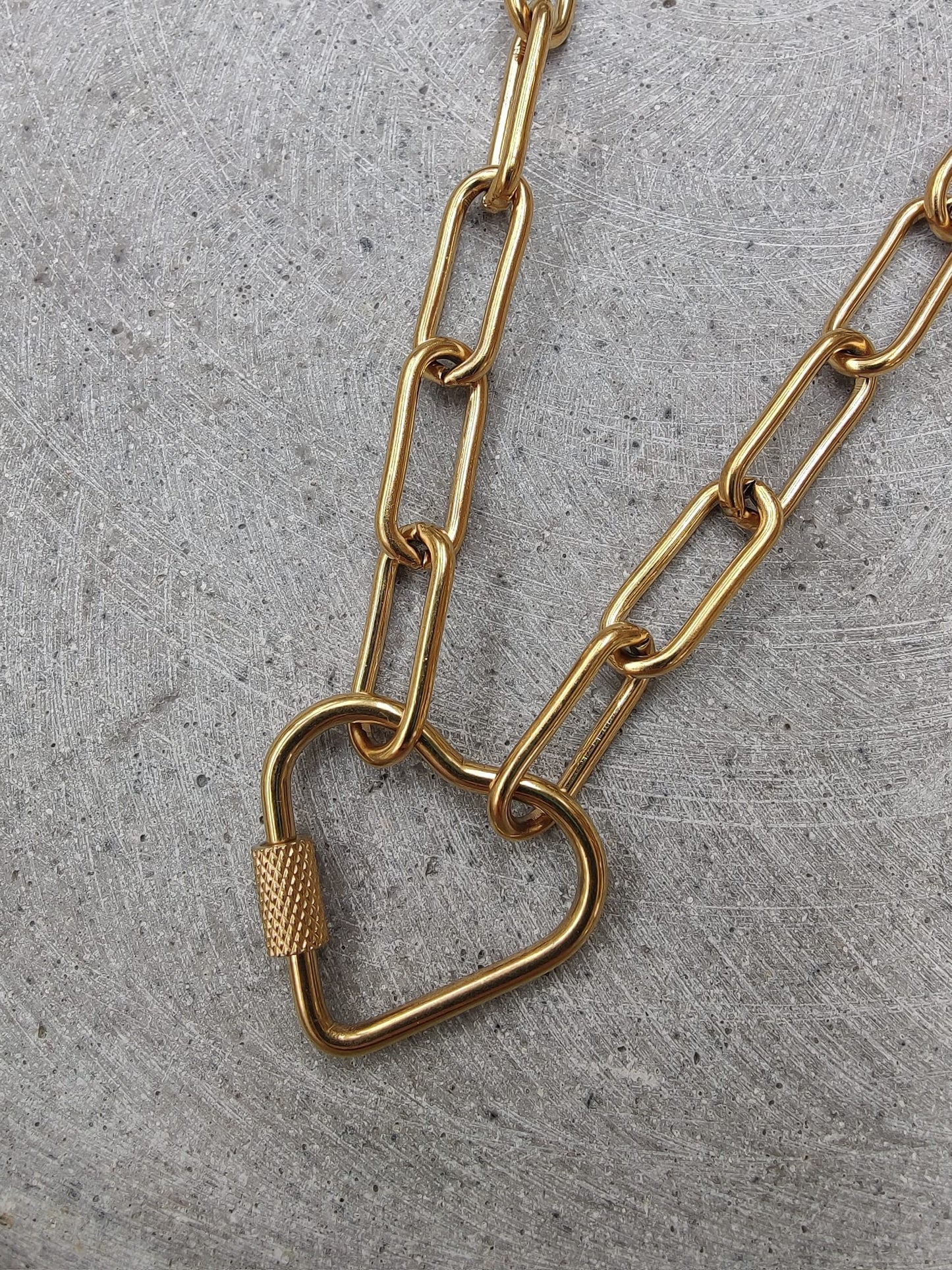 Heart Shaped Carabiner Clasp Gold Tone Stainless Steel Paperclip Necklace