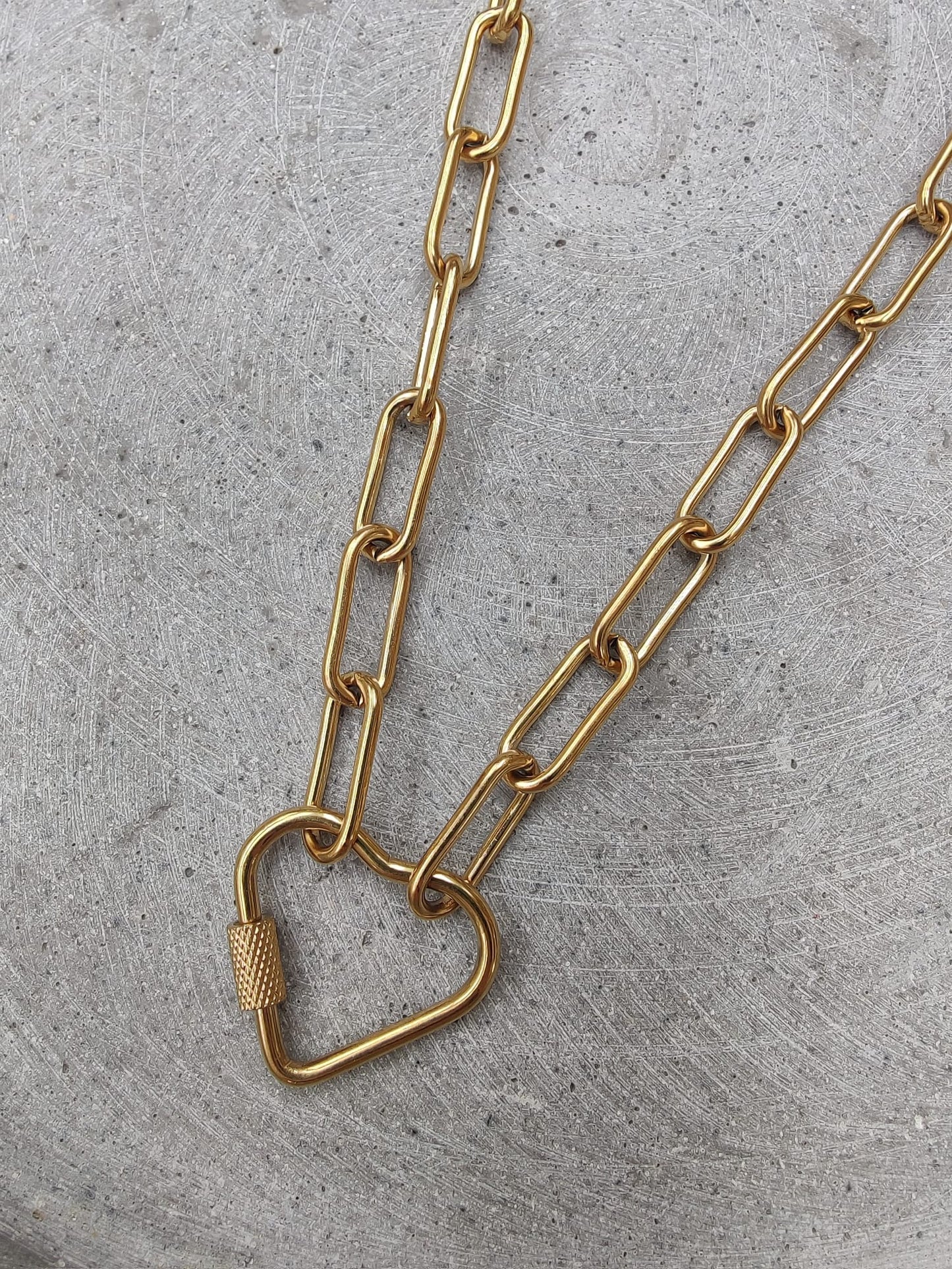 Heart Shaped Carabiner Clasp Gold Tone Stainless Steel Paperclip Necklace