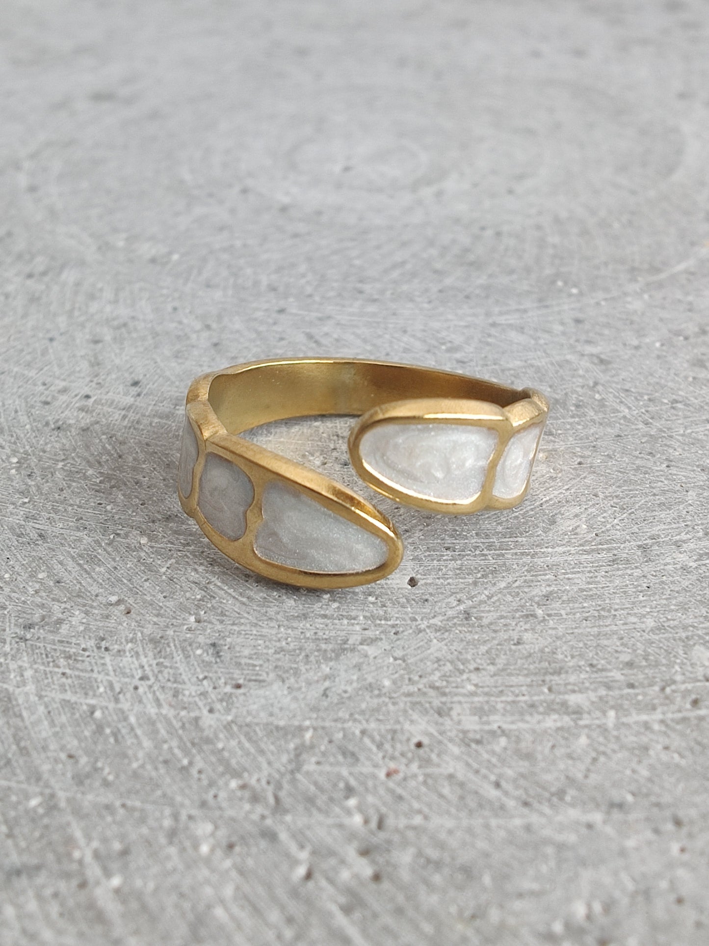 White Enamel Cross Over Gold Tone Adjustable Stainless Steel Ring