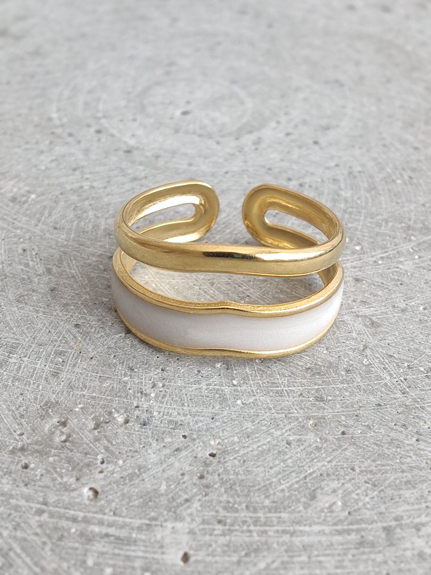 Double Wave White Enamel Gold Tone Adjustable Stainless Steel Ring