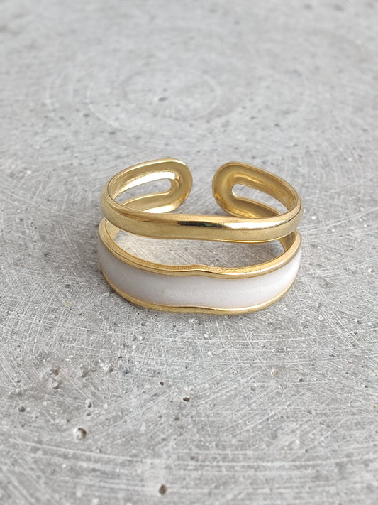 Double Wave White Enamel Gold Tone Adjustable Stainless Steel Ring
