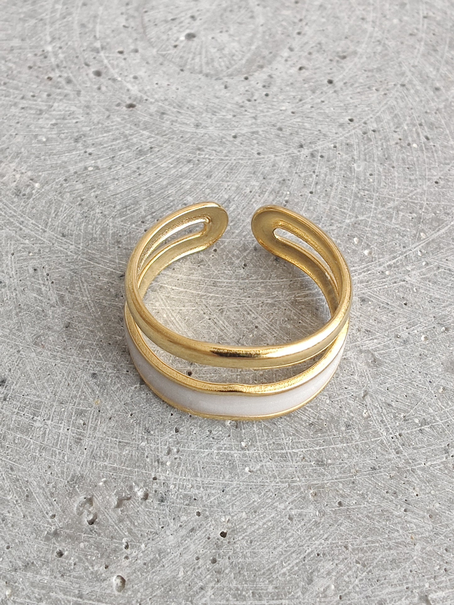 Double Wave White Enamel Gold Tone Adjustable Stainless Steel Ring
