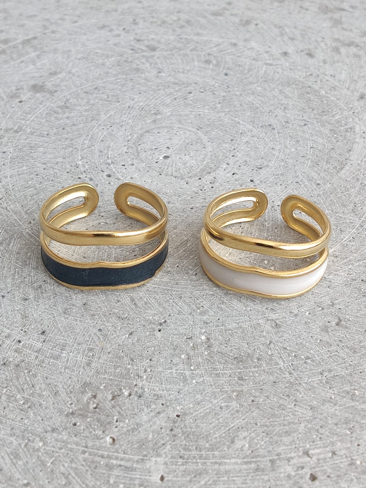 Double Wave White Enamel Gold Tone Adjustable Stainless Steel Ring