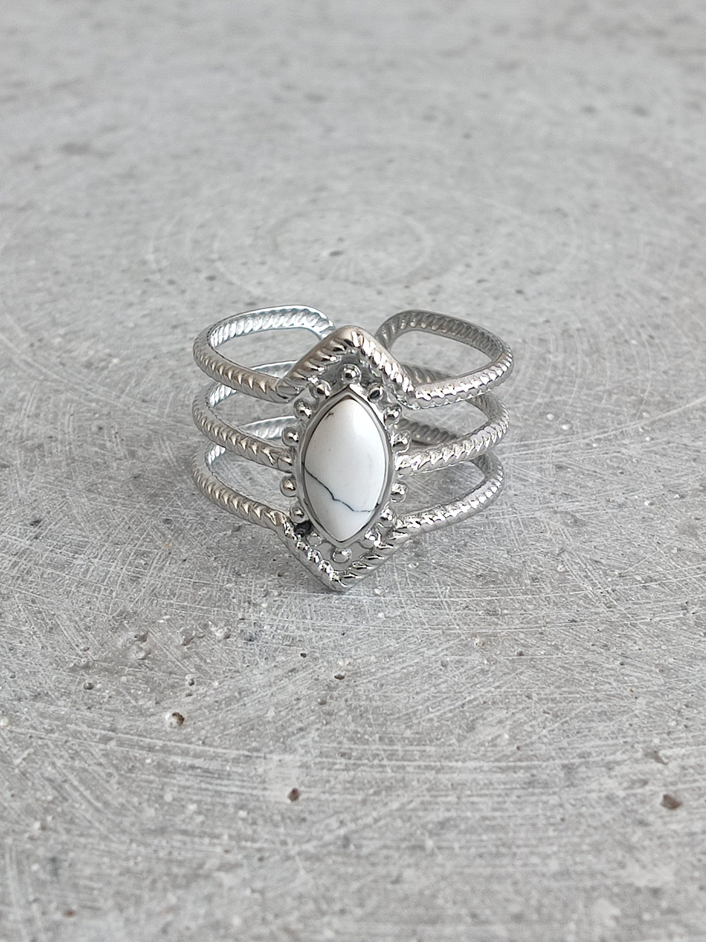 Triple Band with Oval White Enamel Adjustable Stainless Steel Ring