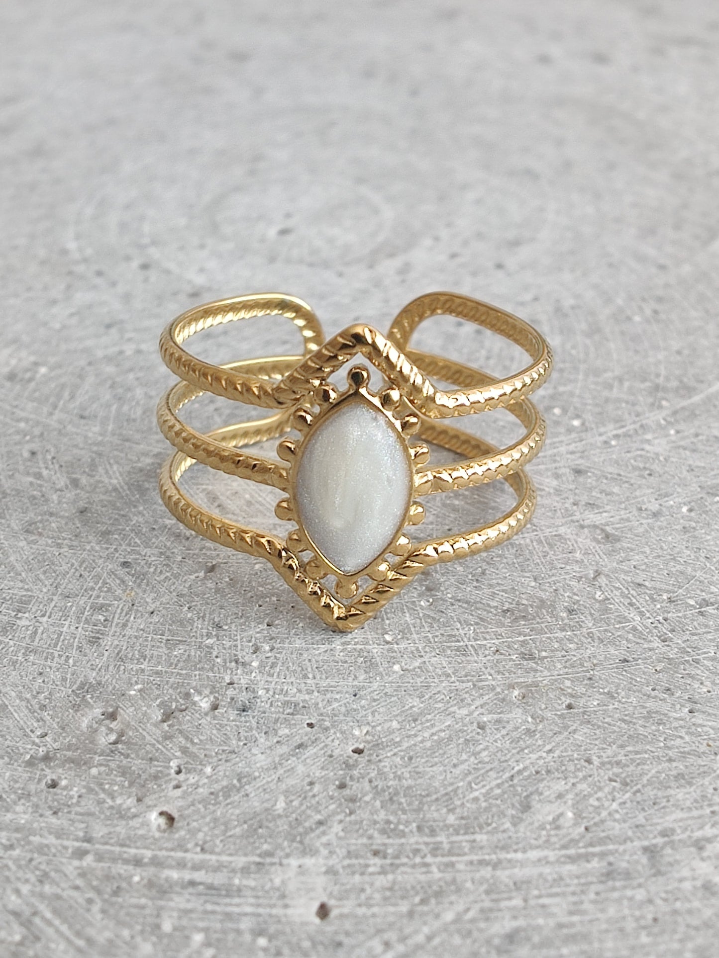 Triple band with Oval White Enamel in Gold Tone Stainless Steel Adjustable Ring