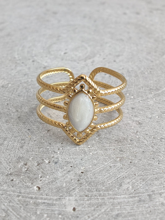 Triple band with Oval White Enamel in Gold Tone Stainless Steel Adjustable Ring