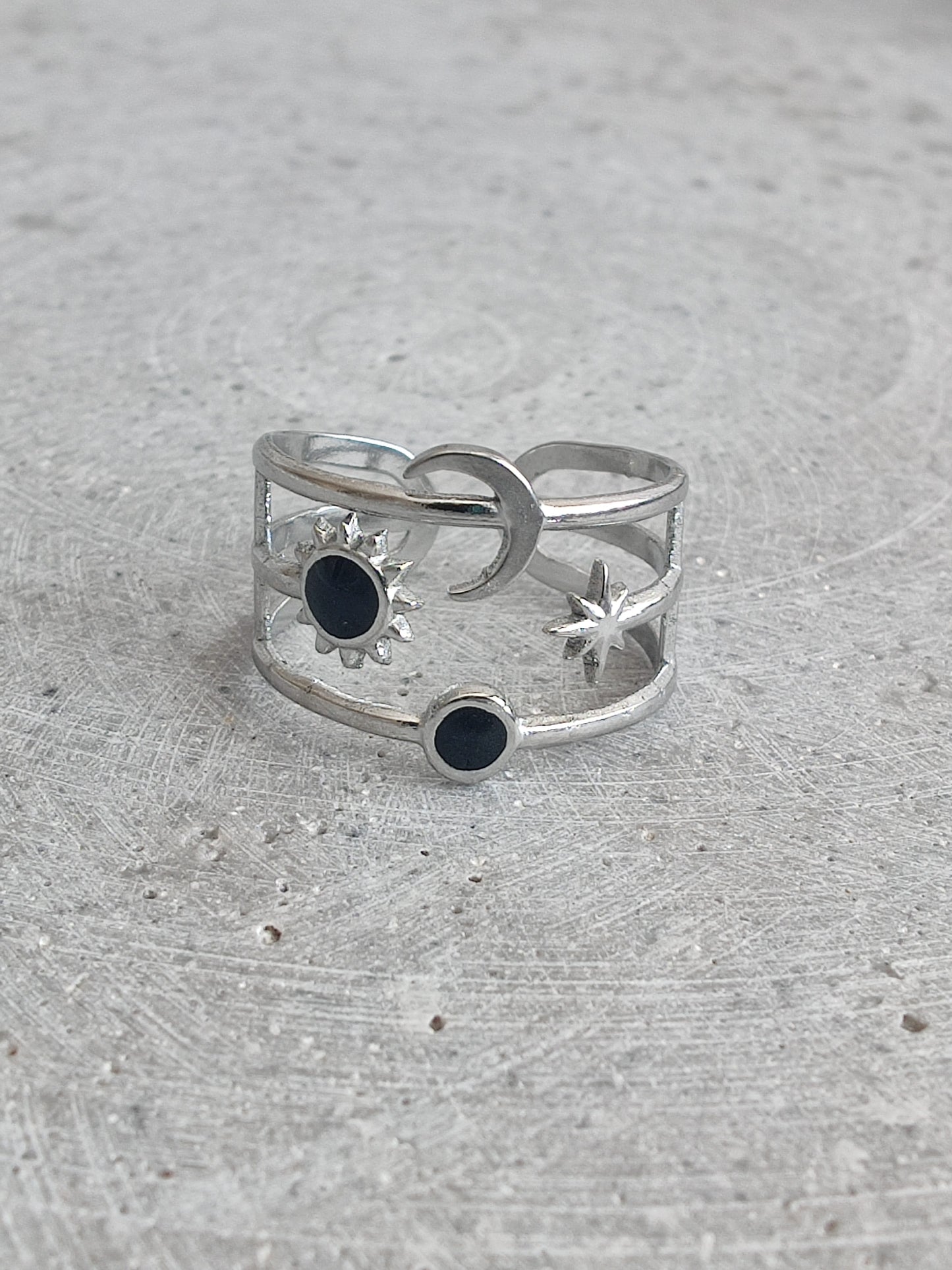 Moon and Stars With Black Enamel Stainless Steel Adjustable Ring