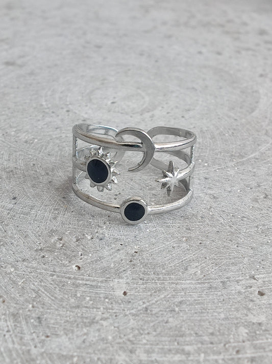 Moon and Stars With Black Enamel Stainless Steel Adjustable Ring