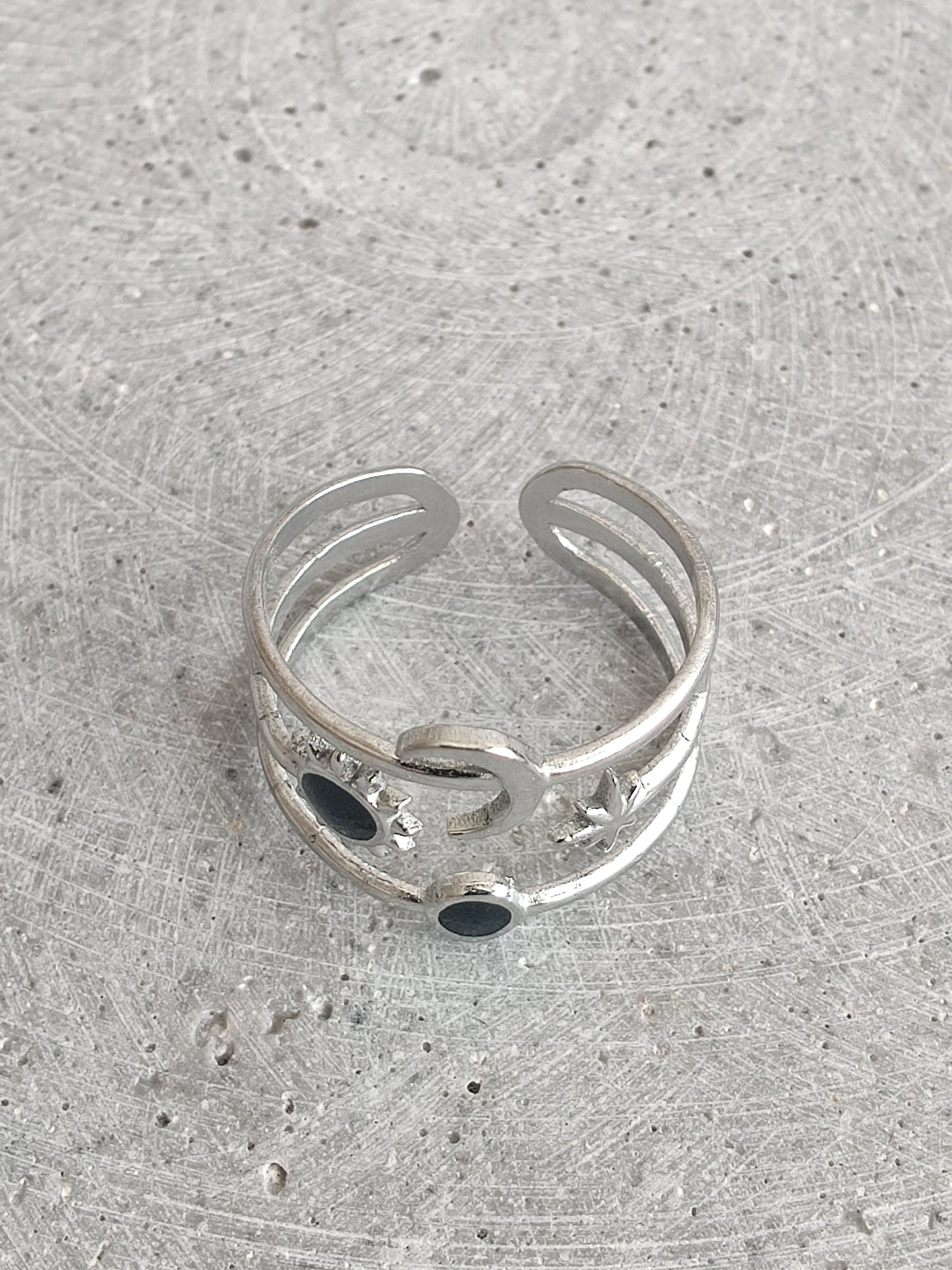 Moon and Stars With Black Enamel Stainless Steel Adjustable Ring
