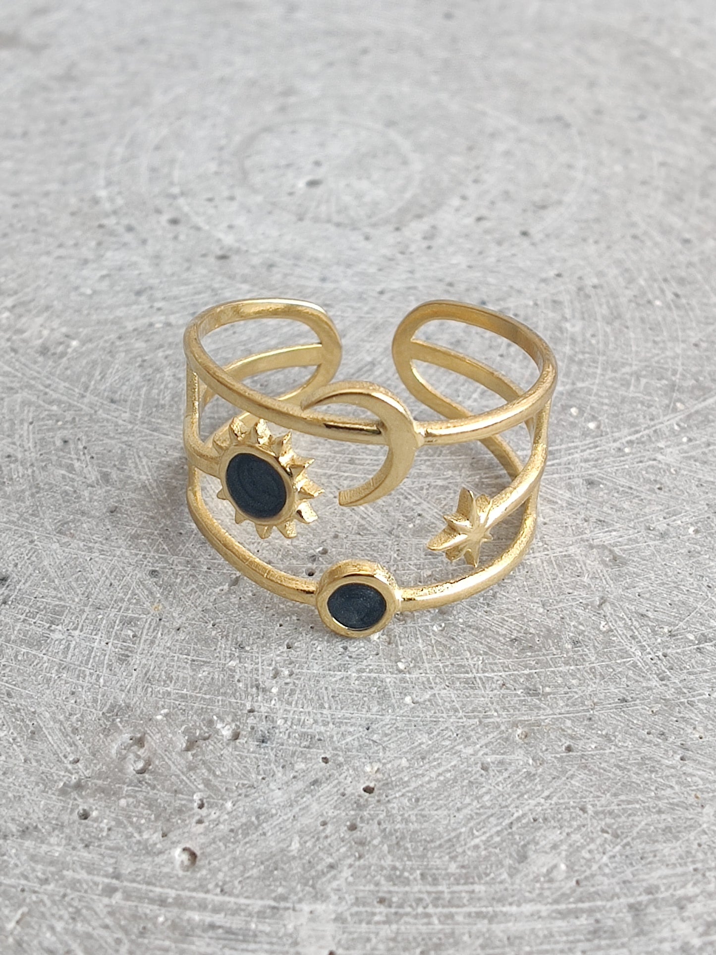Moon and Stars with Black Enamel in Gold Tone Stainless Steel Adjustable Ring
