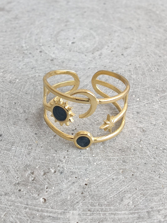 Moon and Stars with Black Enamel in Gold Tone Stainless Steel Adjustable Ring