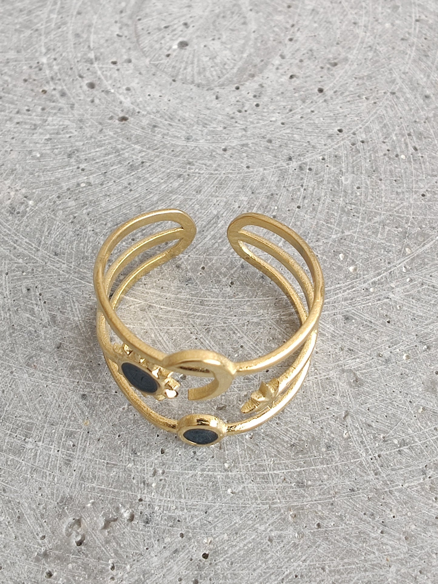 Moon and Stars with Black Enamel in Gold Tone Stainless Steel Adjustable Ring