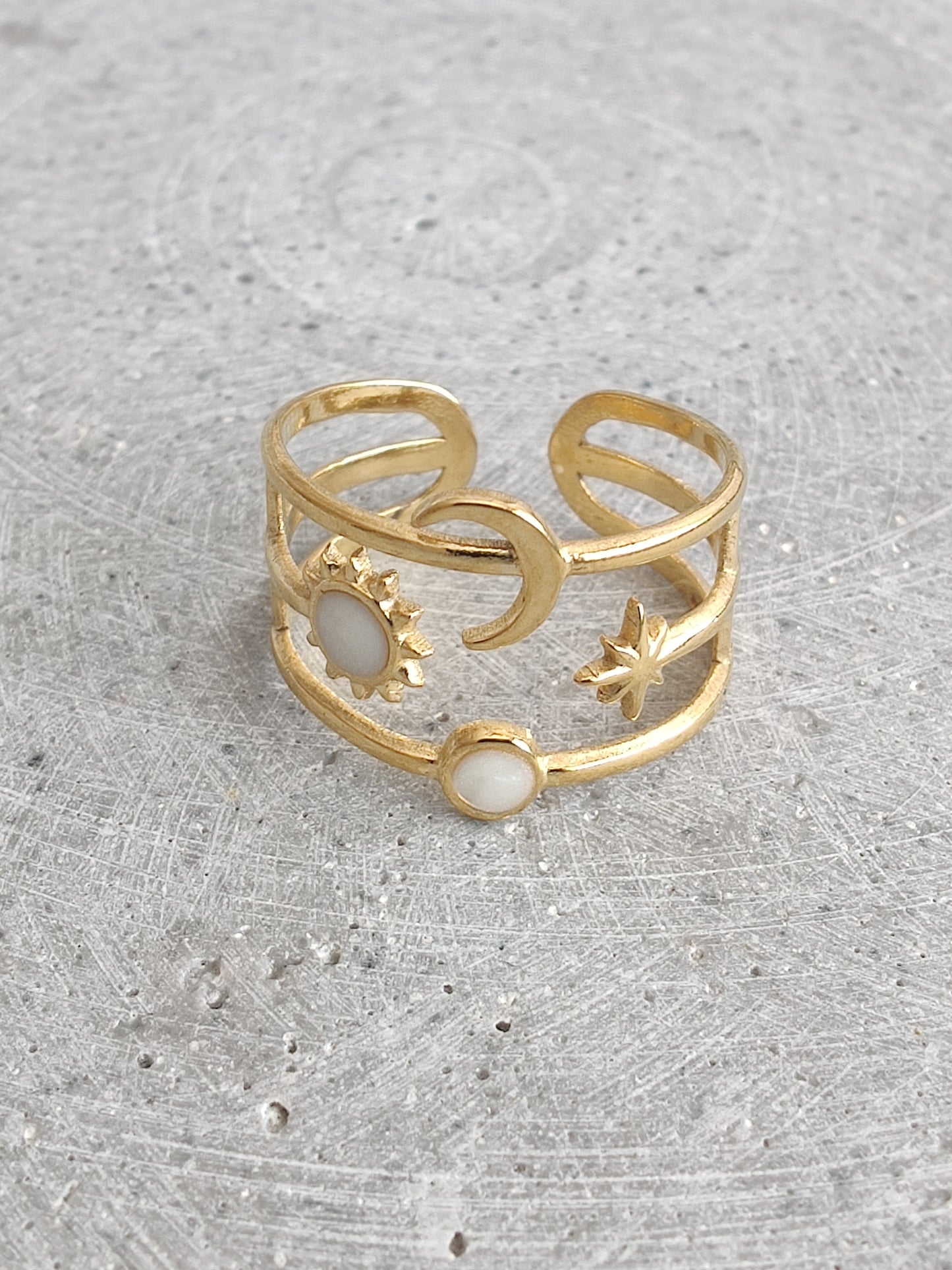 Moon and Stars with White Enamel in Gold Tone Stainless Steel Adjustable Ring