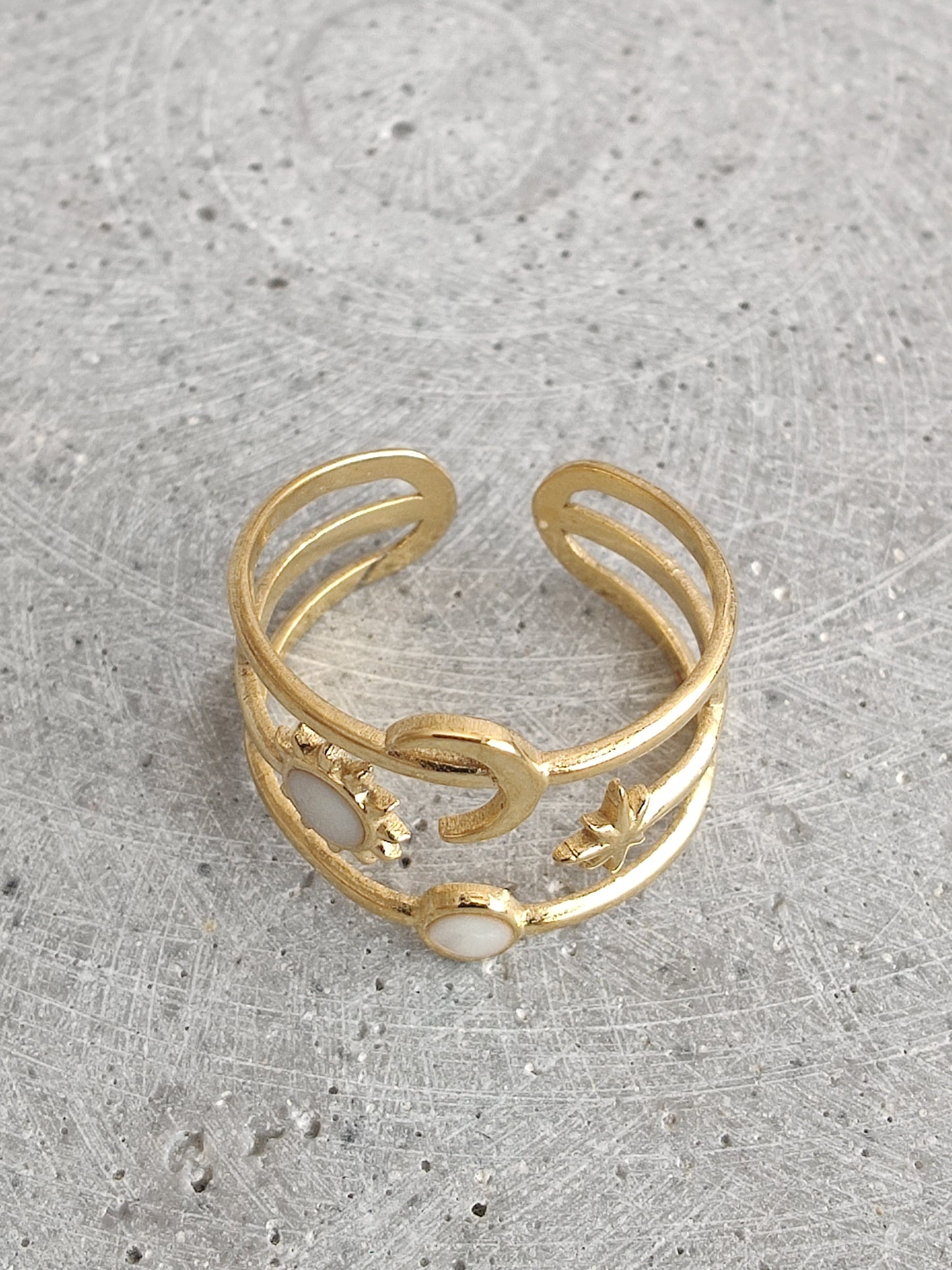 Moon and Stars with White Enamel in Gold Tone Stainless Steel Adjustable Ring