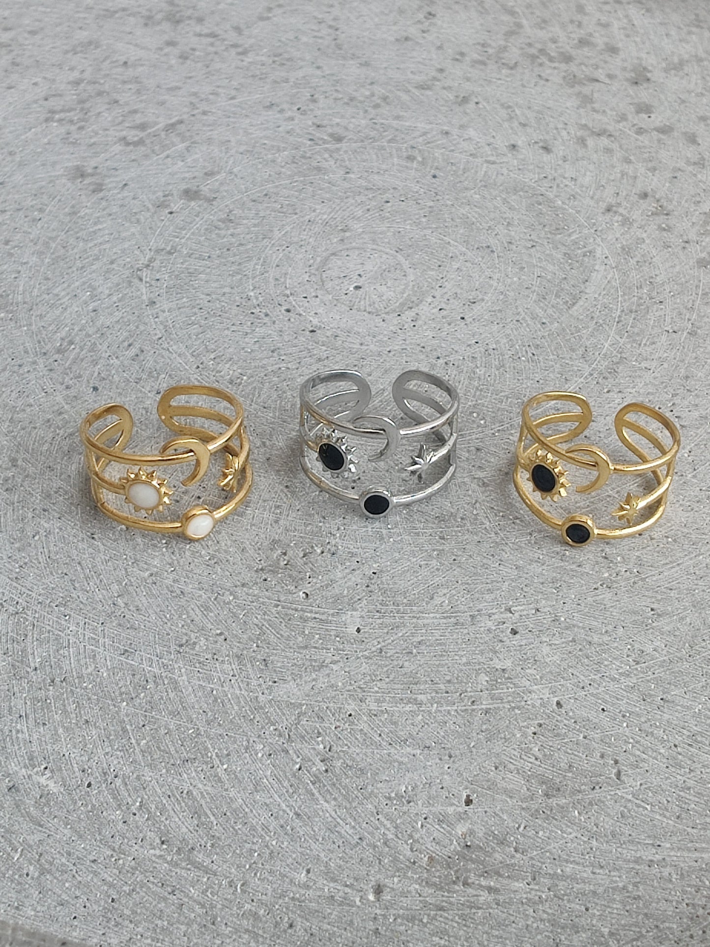 Moon and Stars With Black Enamel Stainless Steel Adjustable Ring