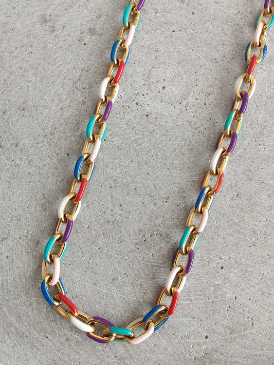 Multi Coloured Enamel Oval Link Stainless Steel necklace