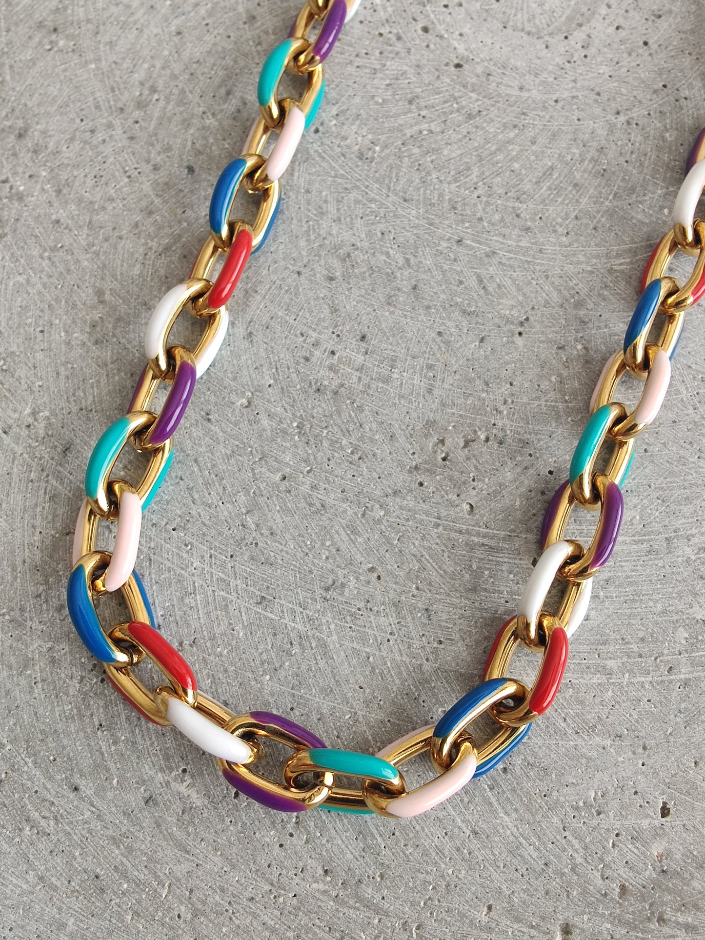 Multi Coloured Enamel Oval Link Stainless Steel necklace