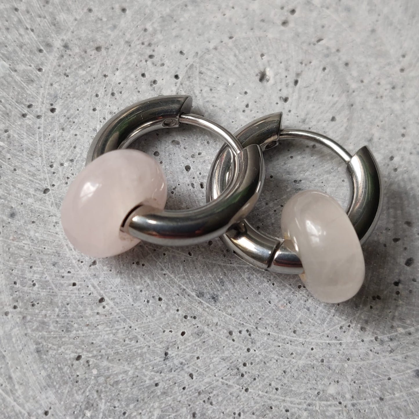 Rose Quartz Donut Earrings on 15mm Stainless Steel Huggie