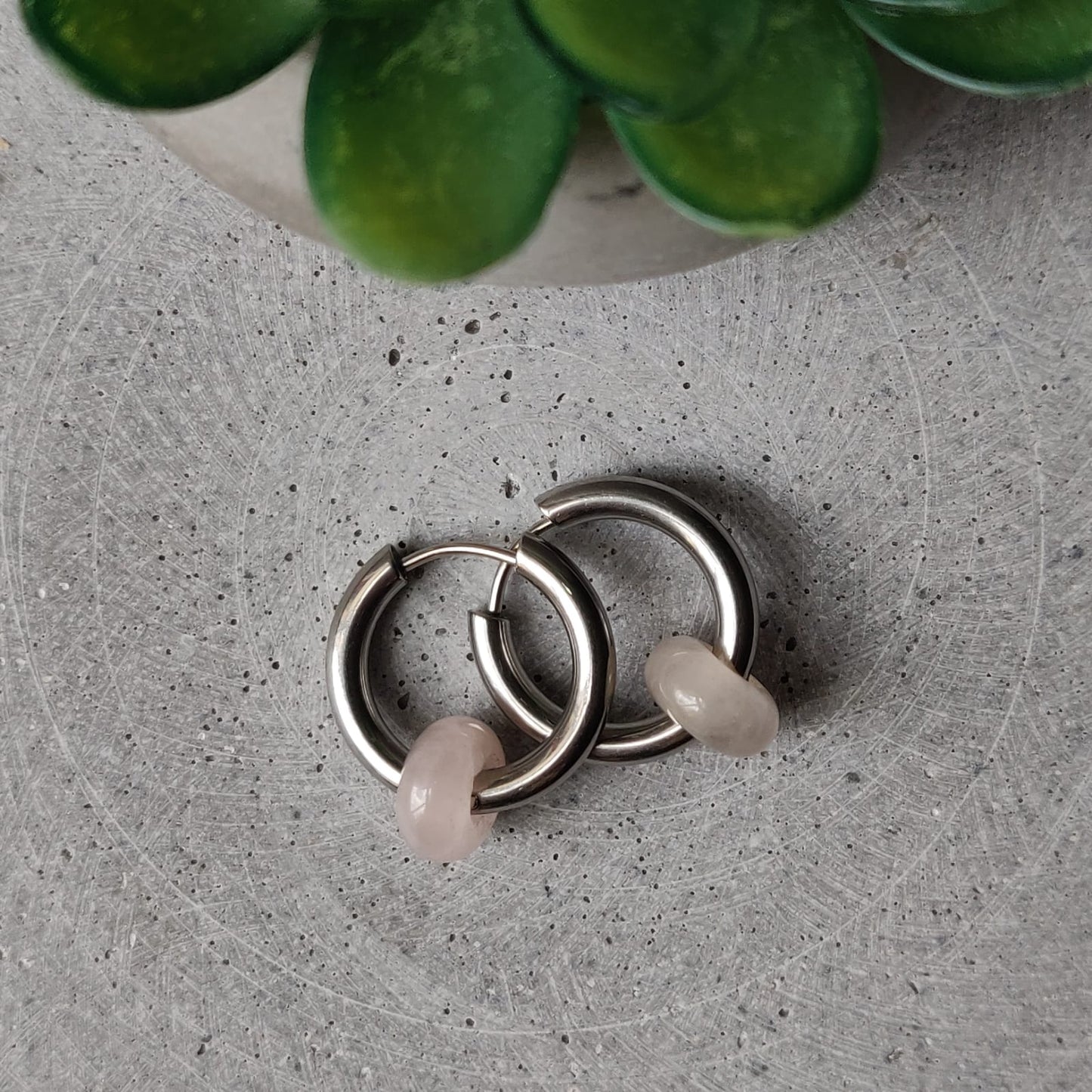 Rose Quartz Donut Earrings on 20mm Stainless Steel Huggie