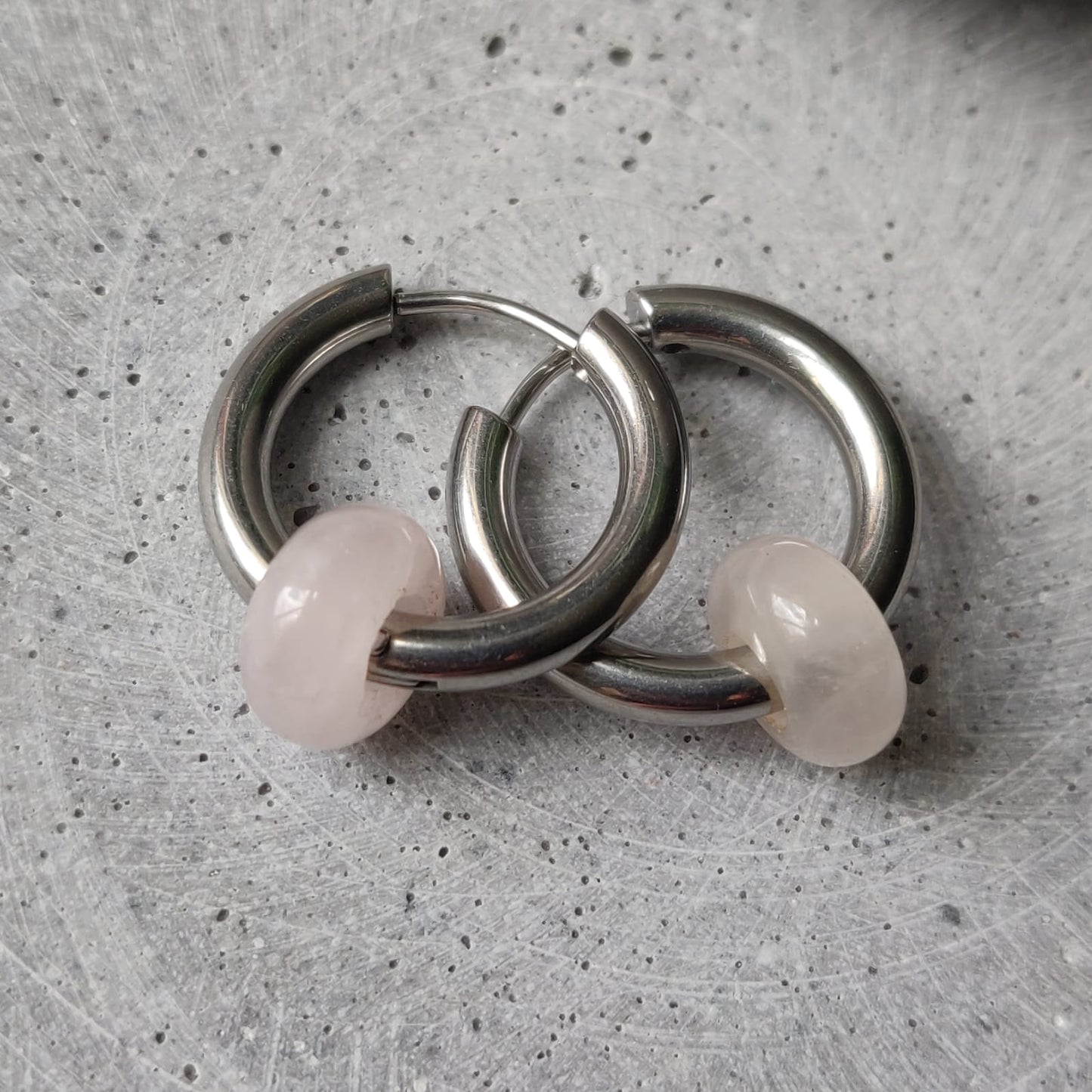 Rose Quartz Donut Earrings on 20mm Stainless Steel Huggie