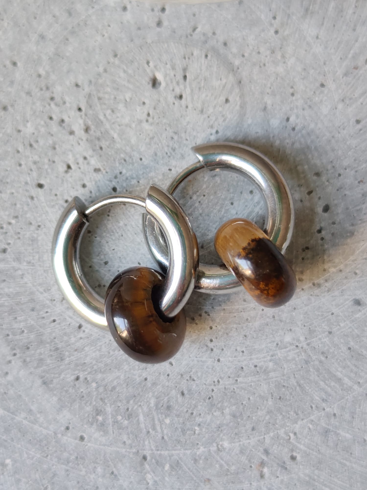 Tigers Eye Donut Earrings on 15mm Stainless Steel Huggie