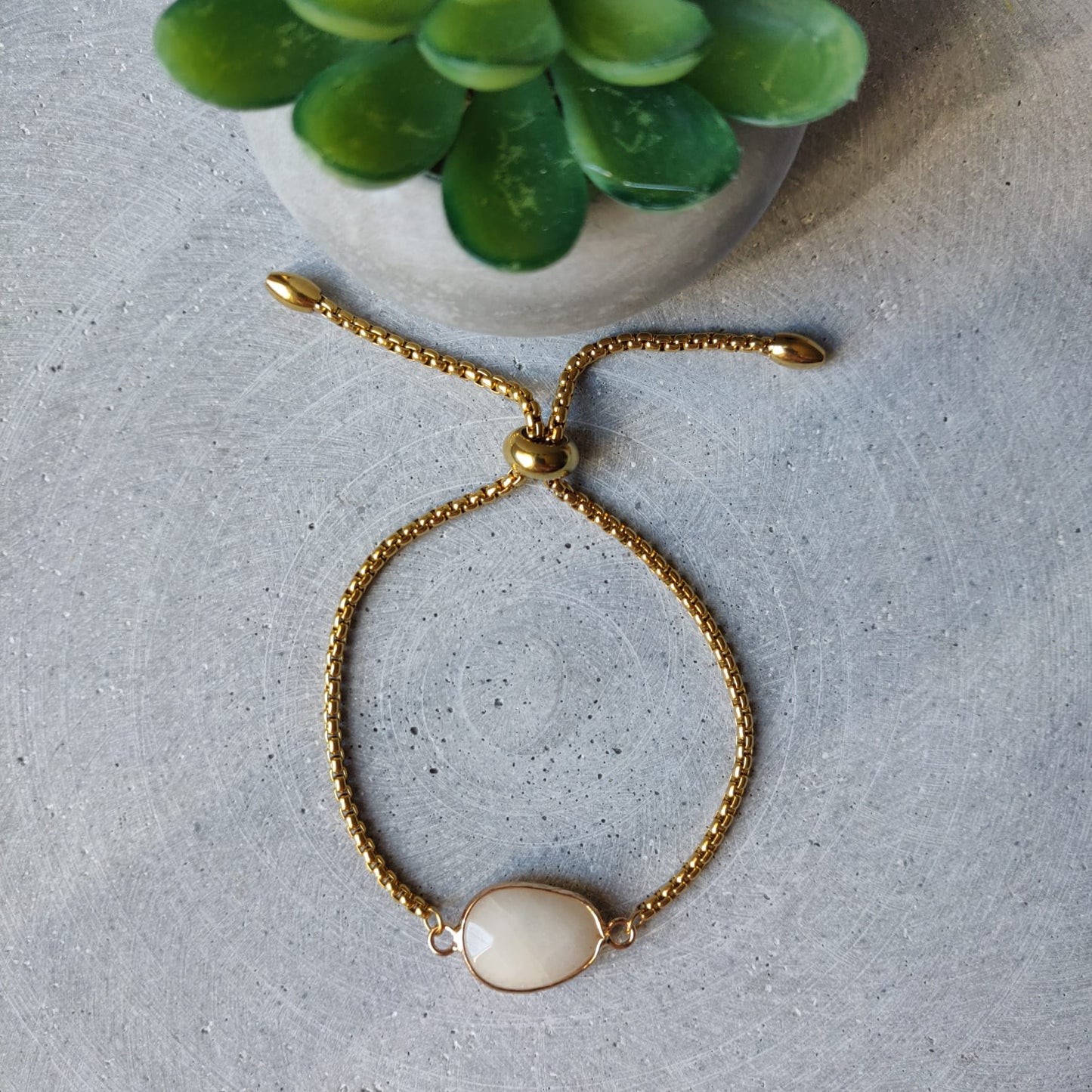 White Jade on Gold Tone Adjustable Stainless Steel Chain Bracelet