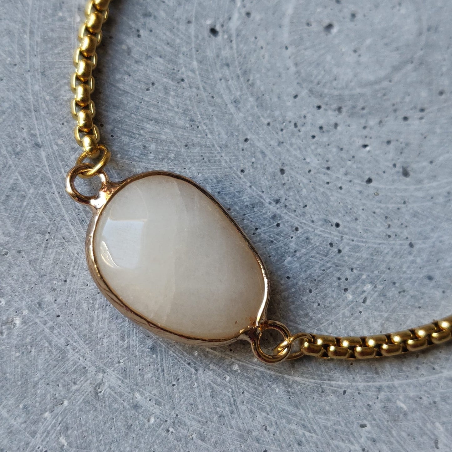 White Jade on Gold Tone Adjustable Stainless Steel Chain Bracelet